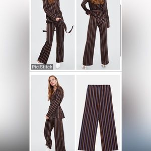 Zara brown black and blue stripped elastic band flare pants